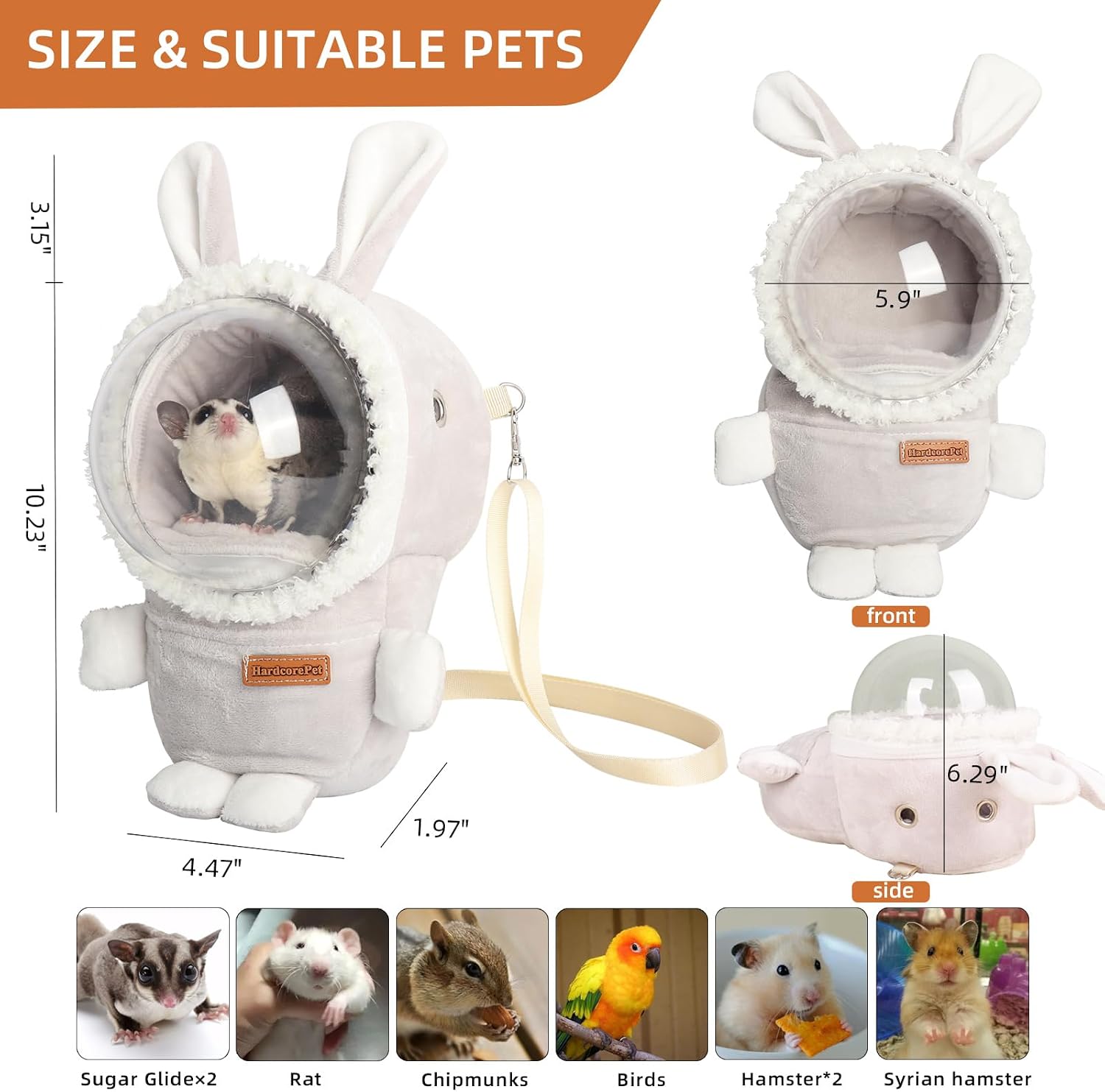 Hamster Carrier Rat Bag Cute Rabbit Shape Small Animal Sugar Glider Travel Pouch Gerbil Hedgehog Portable Travel Carrier Outdoor Hangbag Grey Squirrel Rat Carrier (Grey) - Image 3