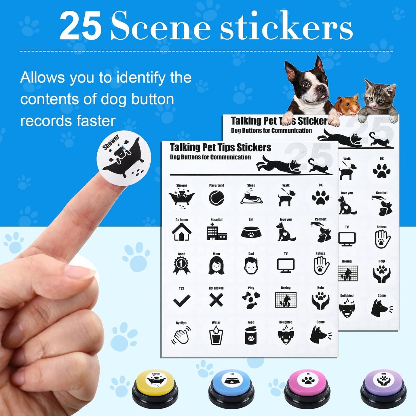 Jerify sixteen pieces recordable pet buzzers set with fifty descriptive scene labels.