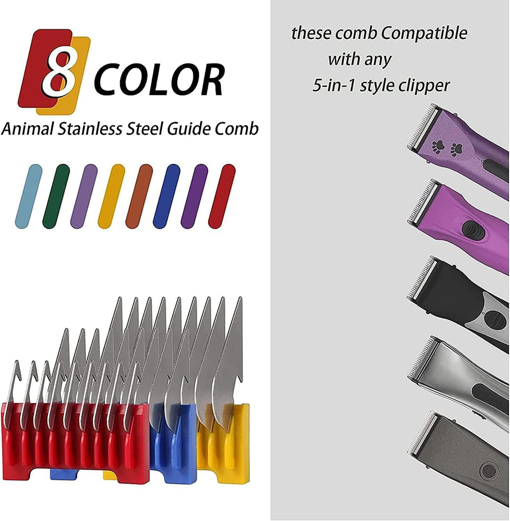 Eight piece professional pet clipper guide combs set arranged neatly inside a transparent storage box.