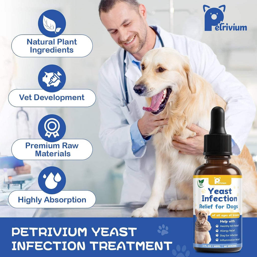 Herlosfeel canine allergy relief herbal supplement dropper bottle showing product details.