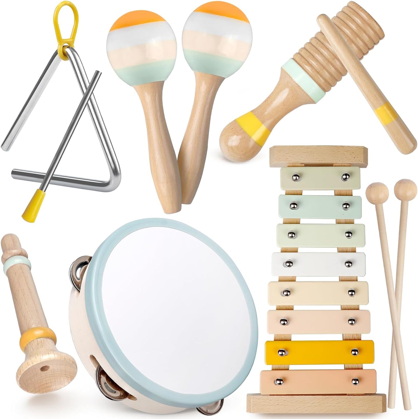 Aliex baby musical instruments set front view displaying boho xylophone and tambourine