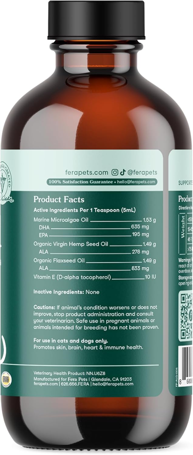 Fera Pets Algae Oil - Cats & Dogs Omega 3 Oil - Vegan - Immune, Heart, Brain, Skin and Coat Support - Includes Vitamin E, Organic Hemp Seed & Flaxseed Oil - 100% Plant Based Omega-3s - 8 oz - Image 9