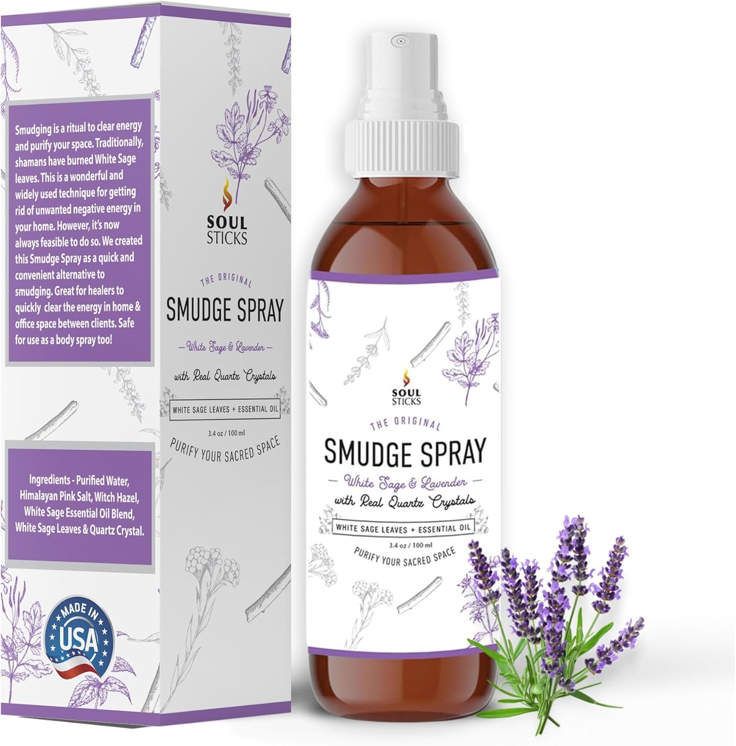 Soul Sticks White Sage and Lavender Smudge Spray 3.5 ounce bottle front view for energy cleansing