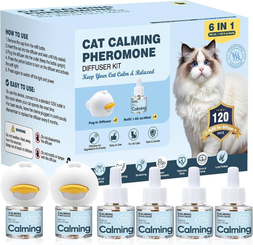 KLOMKMCL anti cat pee pheromone diffuser kit front view featuring two white plug in devices and four refill bottles