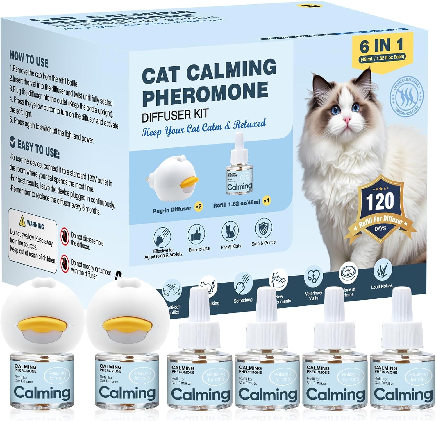 KLOMKMCL anti cat pee pheromone diffuser kit front view featuring two white plug in devices and four refill bottles