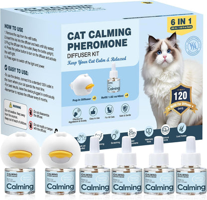 KLOMKMCL anti cat pee pheromone diffuser kit front view featuring two white plug in devices and four refill bottles