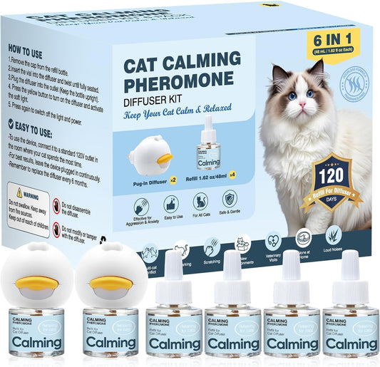 KLOMKMCL anti cat pee pheromone diffuser kit front view featuring two white plug in devices and four refill bottles