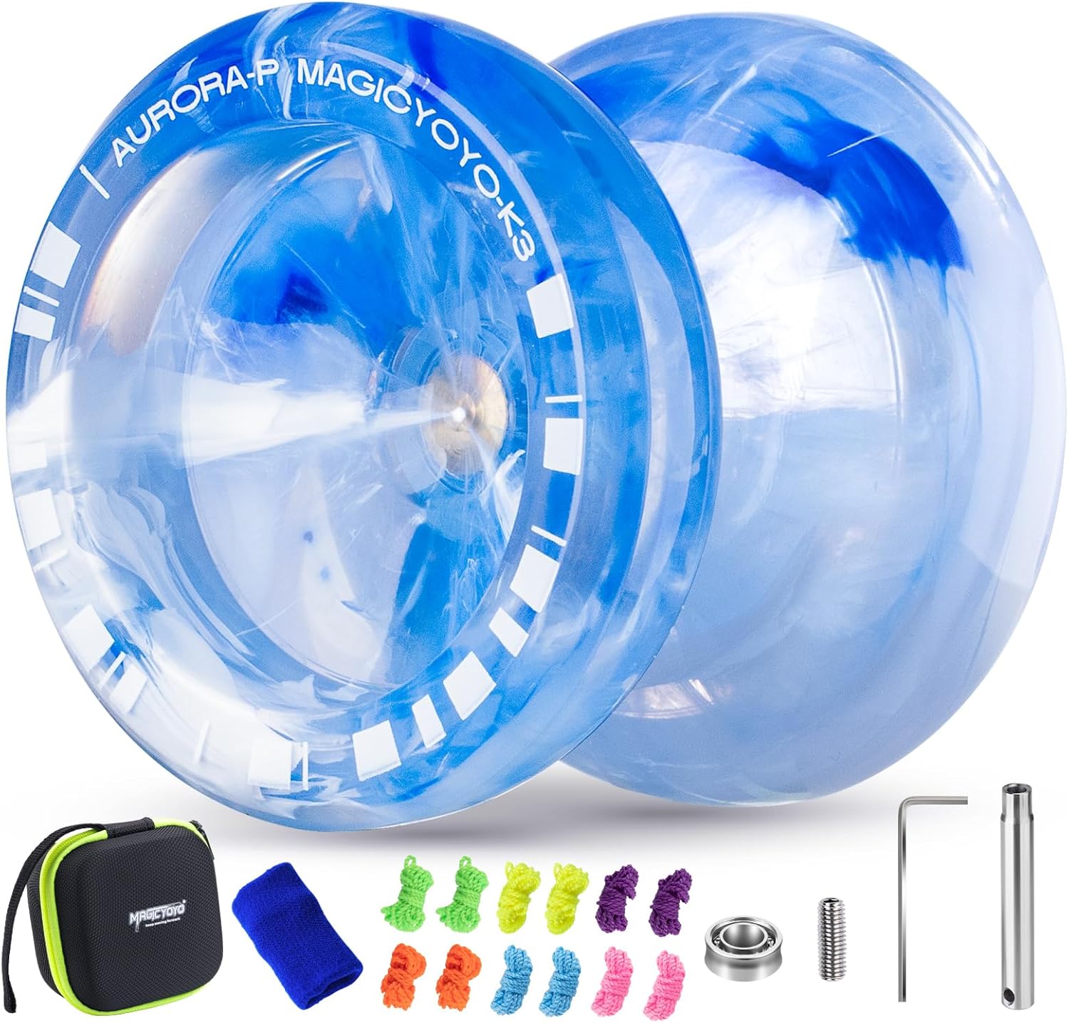 Magicyoyo K3 Aurora-p responsive yoyo front view in blue and white
