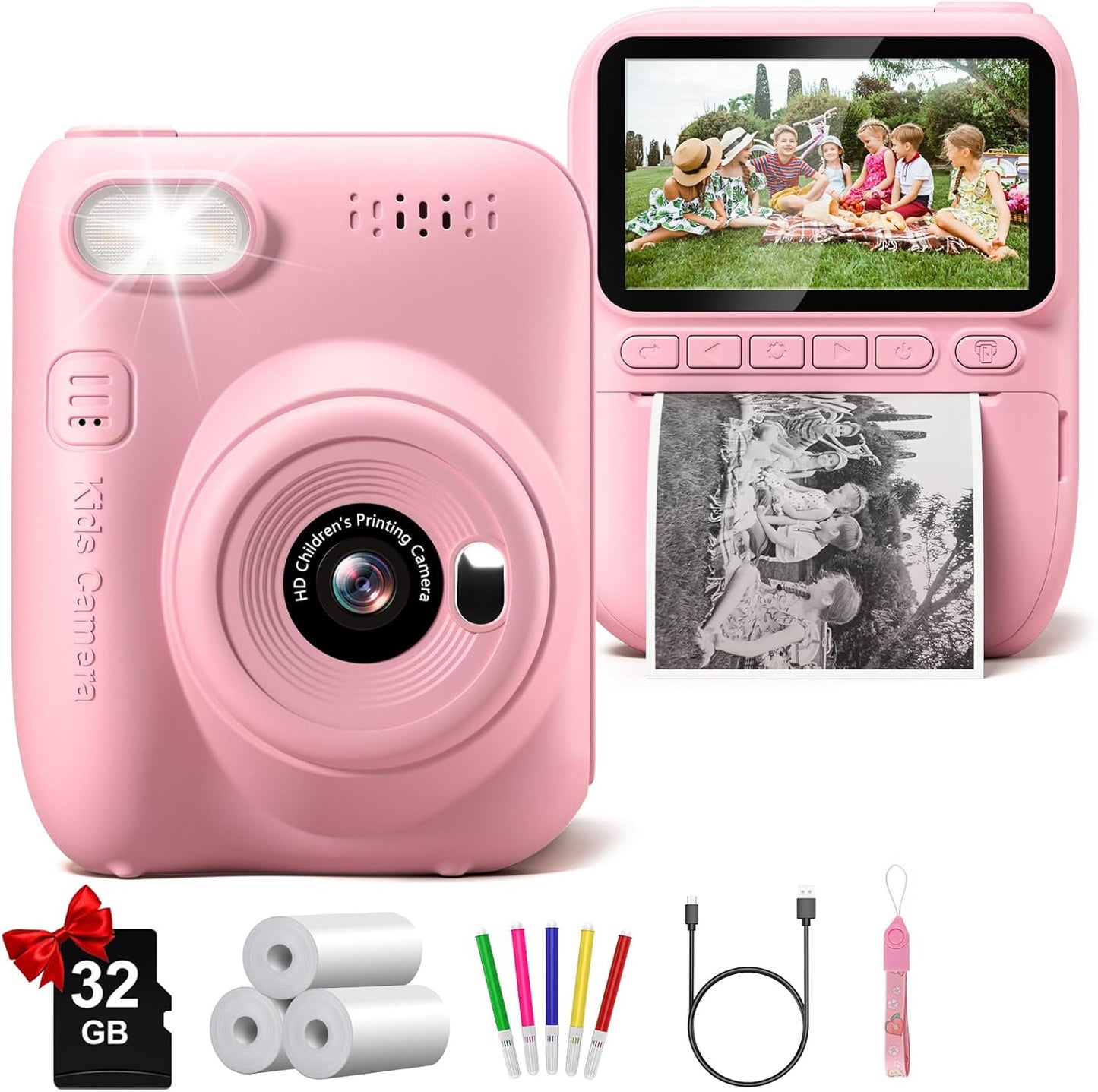 Gofunly kids instant print camera pink front view showing lens and print slot