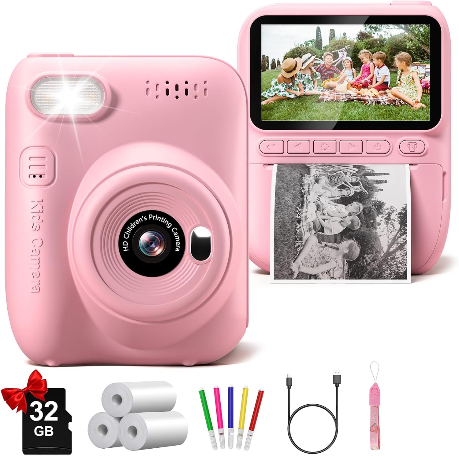 Gofunly kids instant print camera pink front view showing lens and print slot