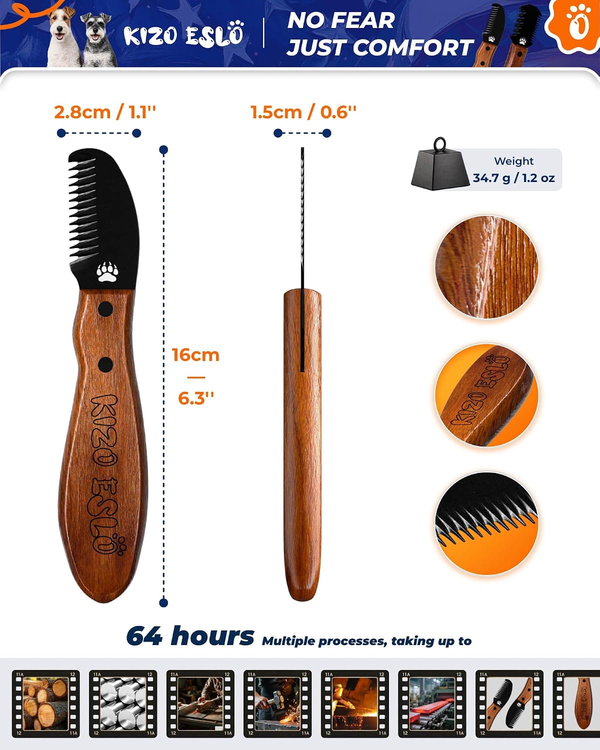 Kizo Eslo premium dog stripping tool demonstrating proper skin tension hand placement.