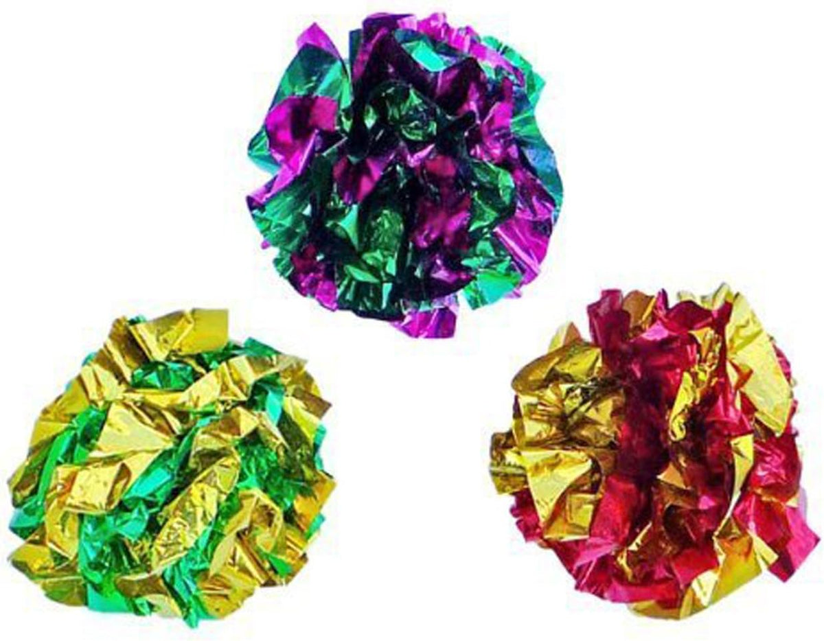 Twelve pack of PETFAVORITES imported cat toy balls scattered on floor for indoor play