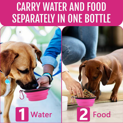 Leakproof travel dog bottle pouring fresh water into an expanded silicone pet bowl