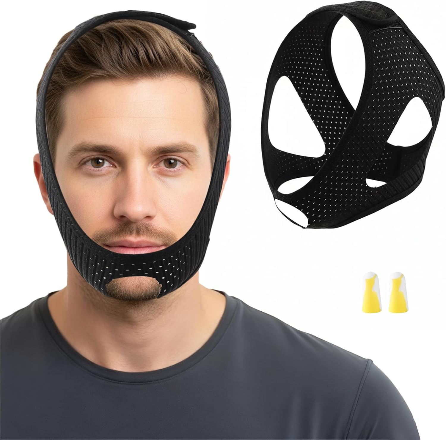 Fvbber Anti Snoring Chin Strap Set front view showing black mesh design.