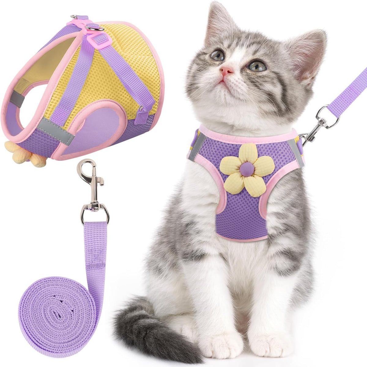 Cat Harness and Leash Set for Walking Escape Proof, Adjustable Kitten Harness Breathable Mesh with Reflective Strips Harness with Flower for Kitty Puppy Bunny - Image 11