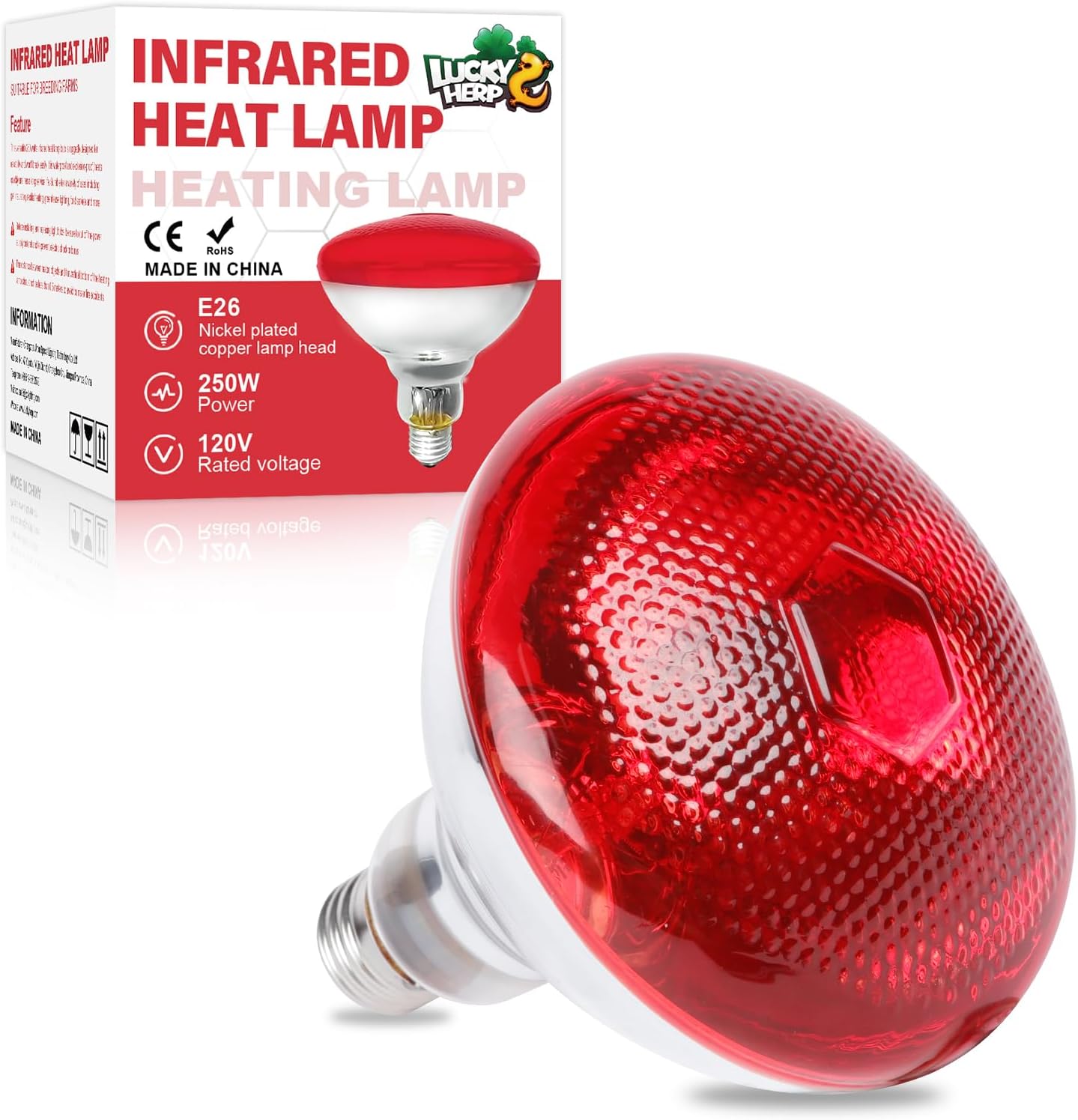 Lucky Herp Infrared Heat Lamp front view showing red glass bulb design for chicken brooders.