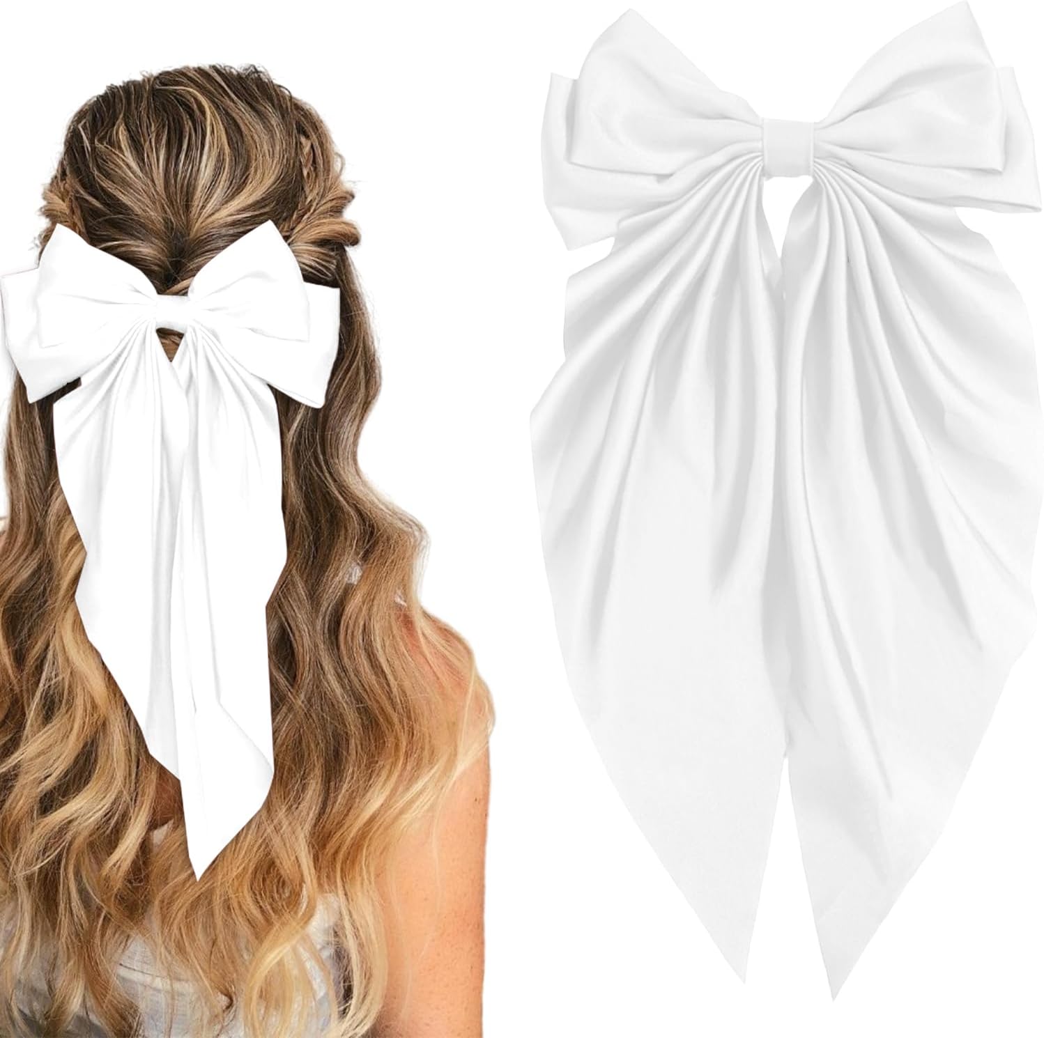 ILLPTA oversized satin hair bow clip front view pure white elegant hair accessory