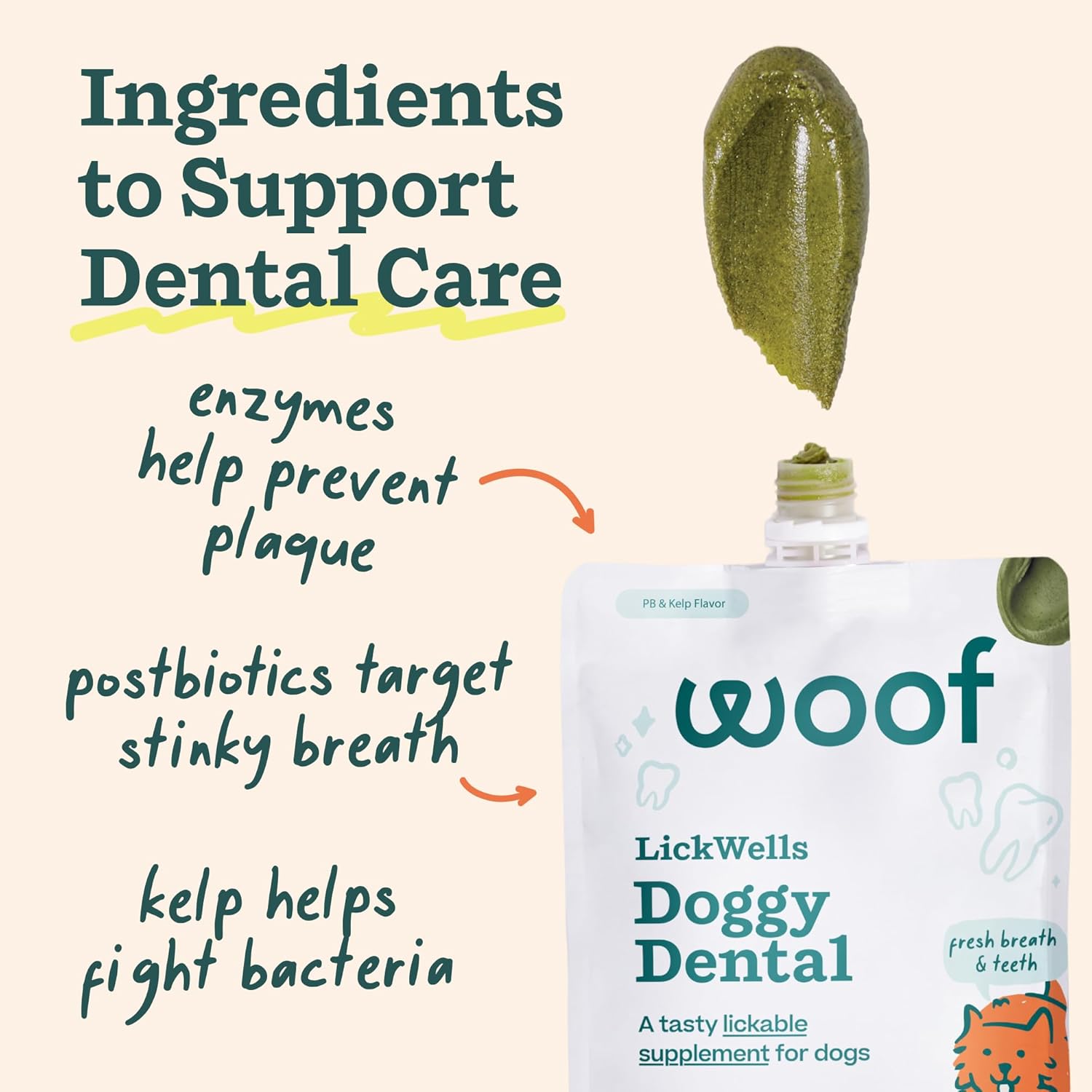 Premium pet oral care supplement by WOOF for tartar control.