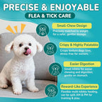 Woyamay 4-in-1 pet supplement showing benefits for flea defense, skin and coat nourishment, gut health, and immunity.