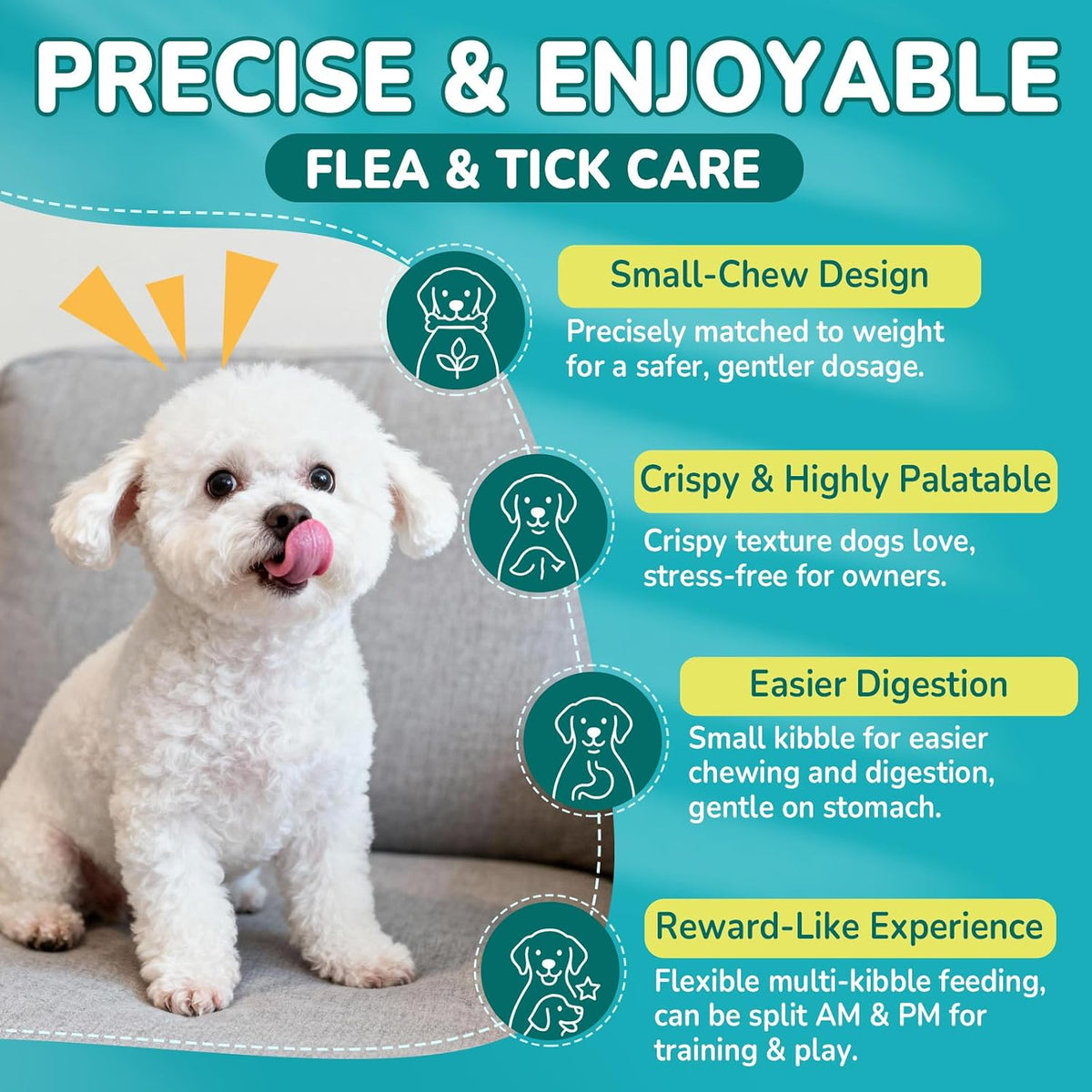 Woyamay 4-in-1 pet supplement showing benefits for flea defense, skin and coat nourishment, gut health, and immunity.