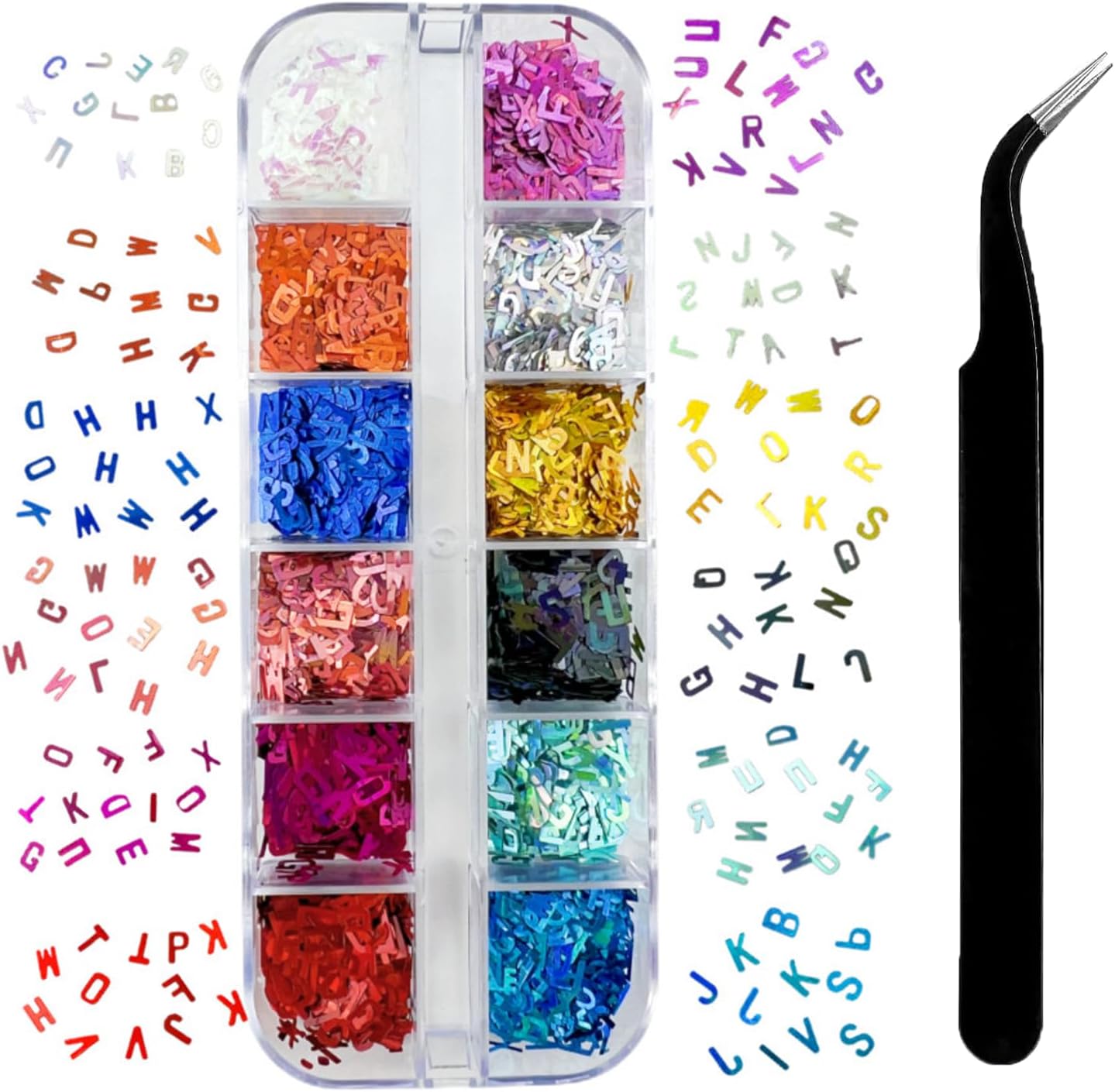 Maigitur 12 Colors Letter Nail Glitter Sequins set front view