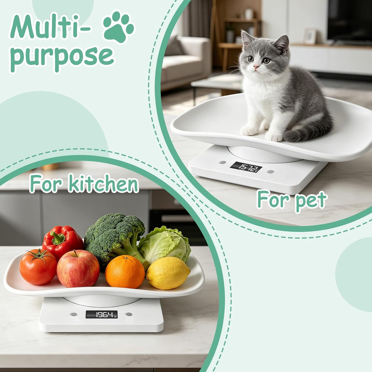 Multi functional electronic kitten scale with the tray detached for kitchen use.