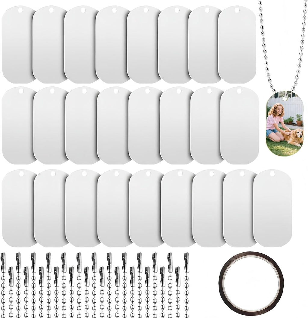 Generic sublimation blank dog tags set front view showcasing twenty five white metal rectangles and silver chains.