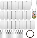 Generic sublimation blank dog tags set front view showcasing twenty five white metal rectangles and silver chains.