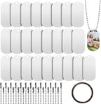 Generic sublimation blank dog tags set front view showcasing twenty five white metal rectangles and silver chains.