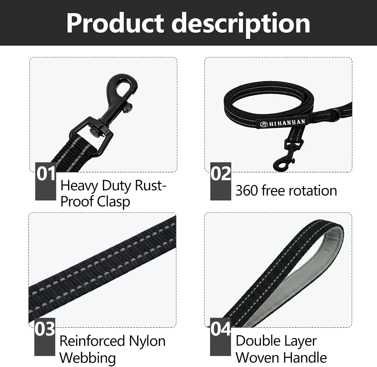 HIHANHAN traditional puppy lead close up showing the interwoven reflective stitching for high visibility night safety.