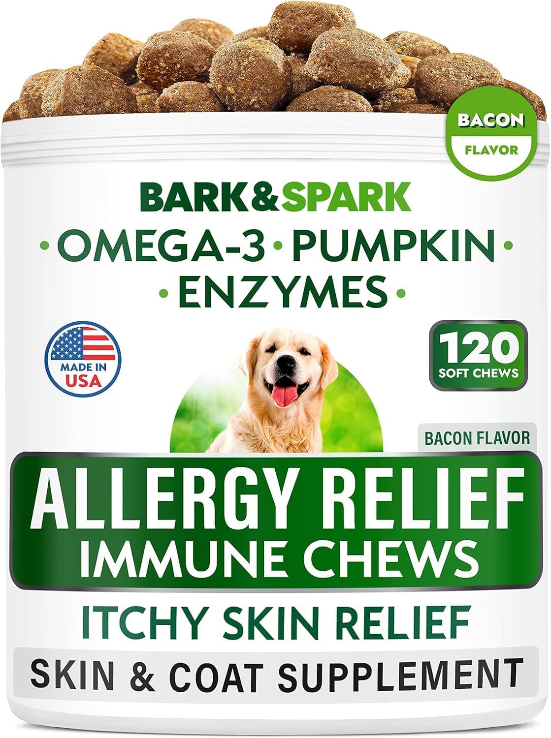 BARK&SPARK Dog Allergy Relief Soft Chews for Skin Health & Seasonal Allergies - Anti-Itch Supplement w/Omega-3, Quercetin & Bromelain Immune Treats for Dry Skin & Hot Spots - Chicken - 120ct - Image 11