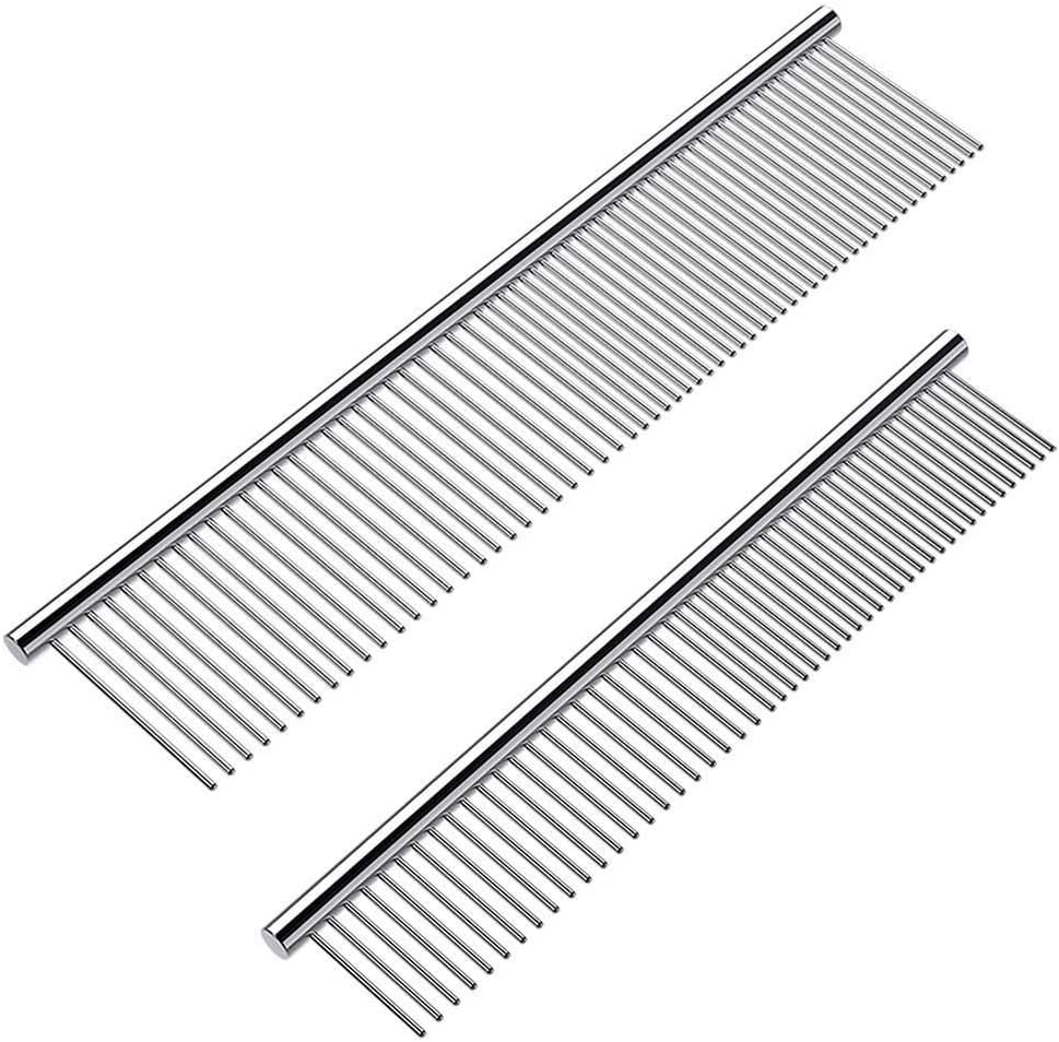 Cafhelp stainless steel pet grooming combs front view showing two sizes.
