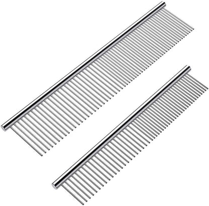 Cafhelp stainless steel pet grooming combs front view showing two sizes.