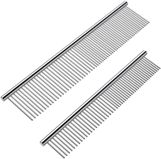Cafhelp stainless steel pet grooming combs front view showing two sizes.