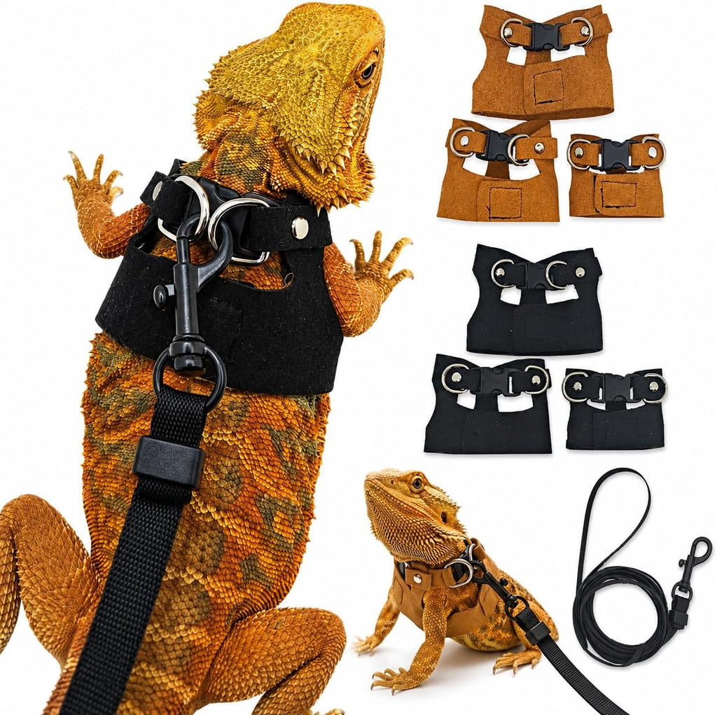 JNCWYP bearded dragon harness and leash set front view featuring three sizes of black leather vests