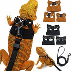 JNCWYP bearded dragon harness and leash set front view featuring three sizes of black leather vests