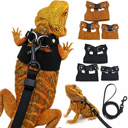 JNCWYP bearded dragon harness and leash set front view featuring three sizes of black leather vests