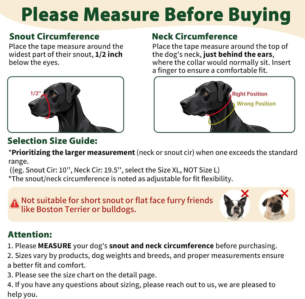 Barkless medium large dog collar sizing guide and snout measurement instruction