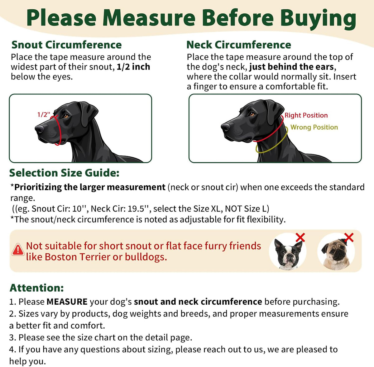Barkless medium large dog collar sizing guide and snout measurement instruction