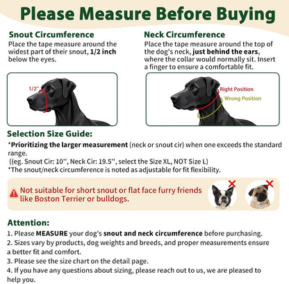 Barkless medium large dog collar sizing guide and snout measurement instruction