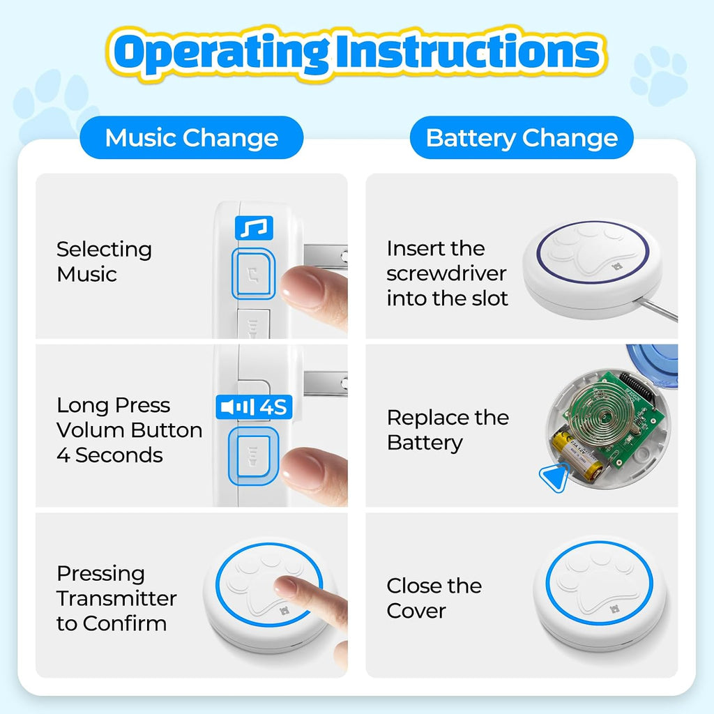 Wireless dog doorbell with blue light LED flash alert