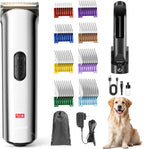 FuzzyFix professional dog grooming clippers front view displaying digital LCD battery percentage screen.