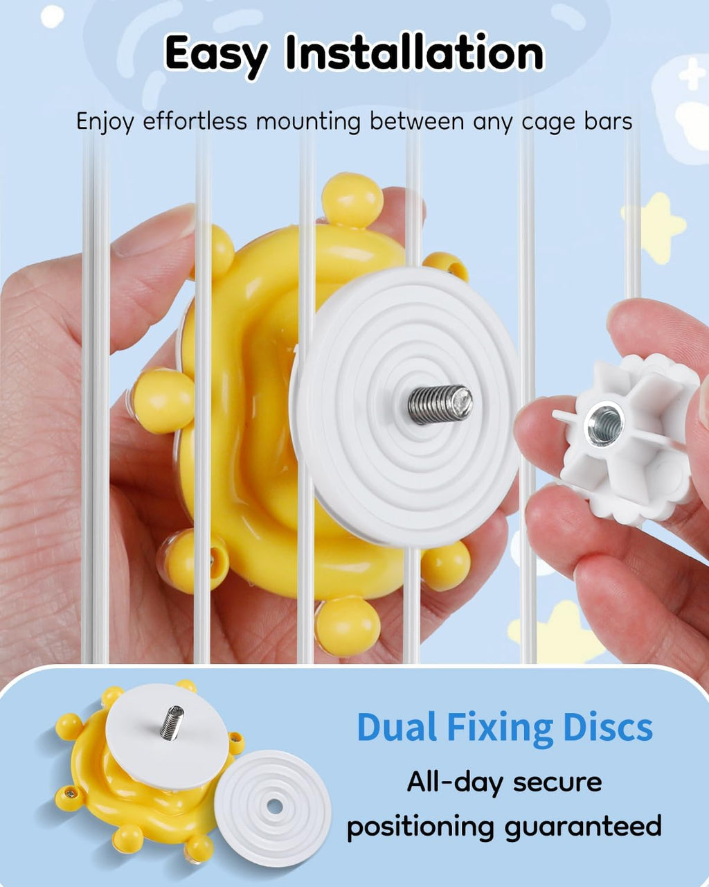 Transparent spinning wheel toy mounted on bird cage bars.