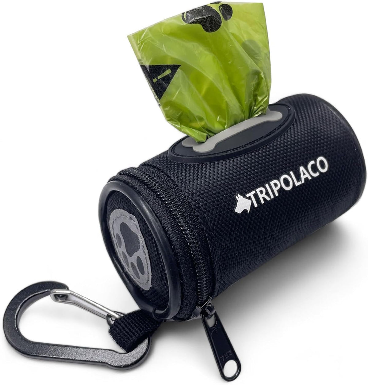 Tripolaco dog poop bag holder for leash front view black nylon dispenser