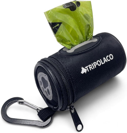 Tripolaco dog poop bag holder for leash front view black nylon dispenser