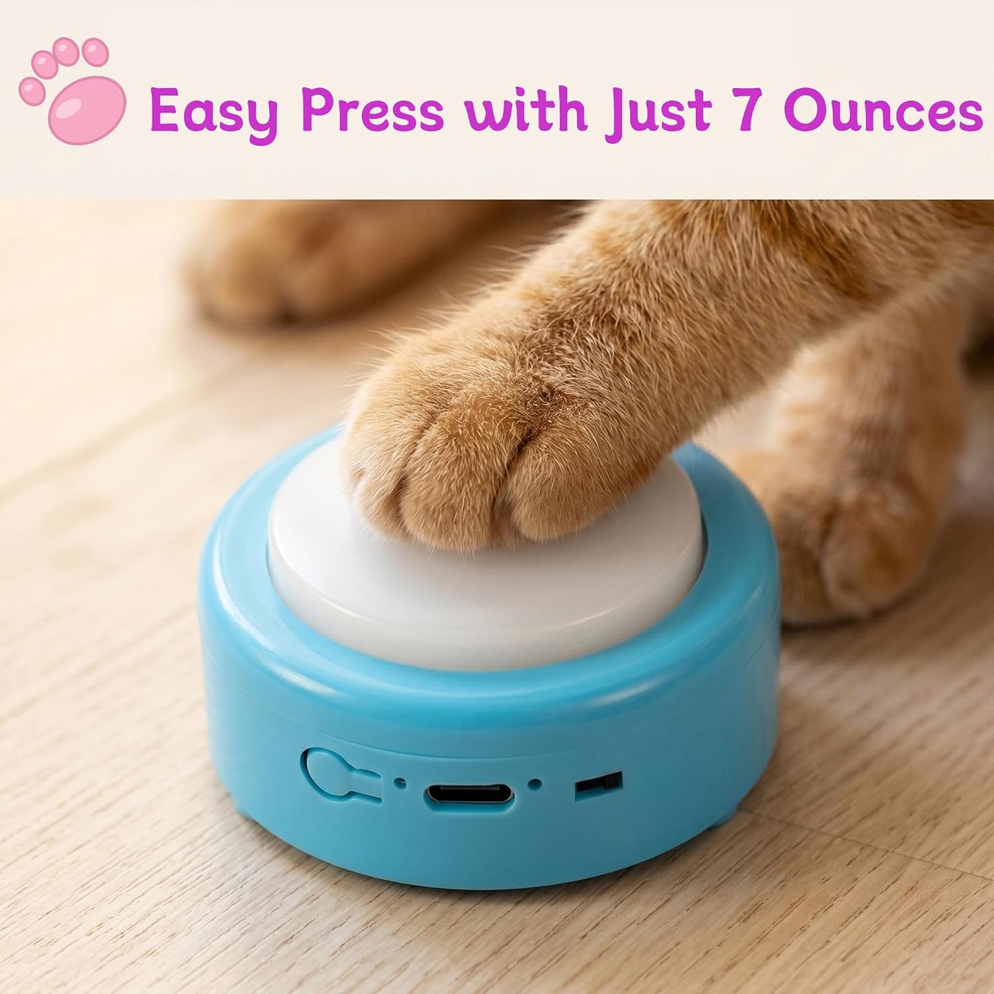 Four pack of blue pet voice buzzers with cartoon training stickers