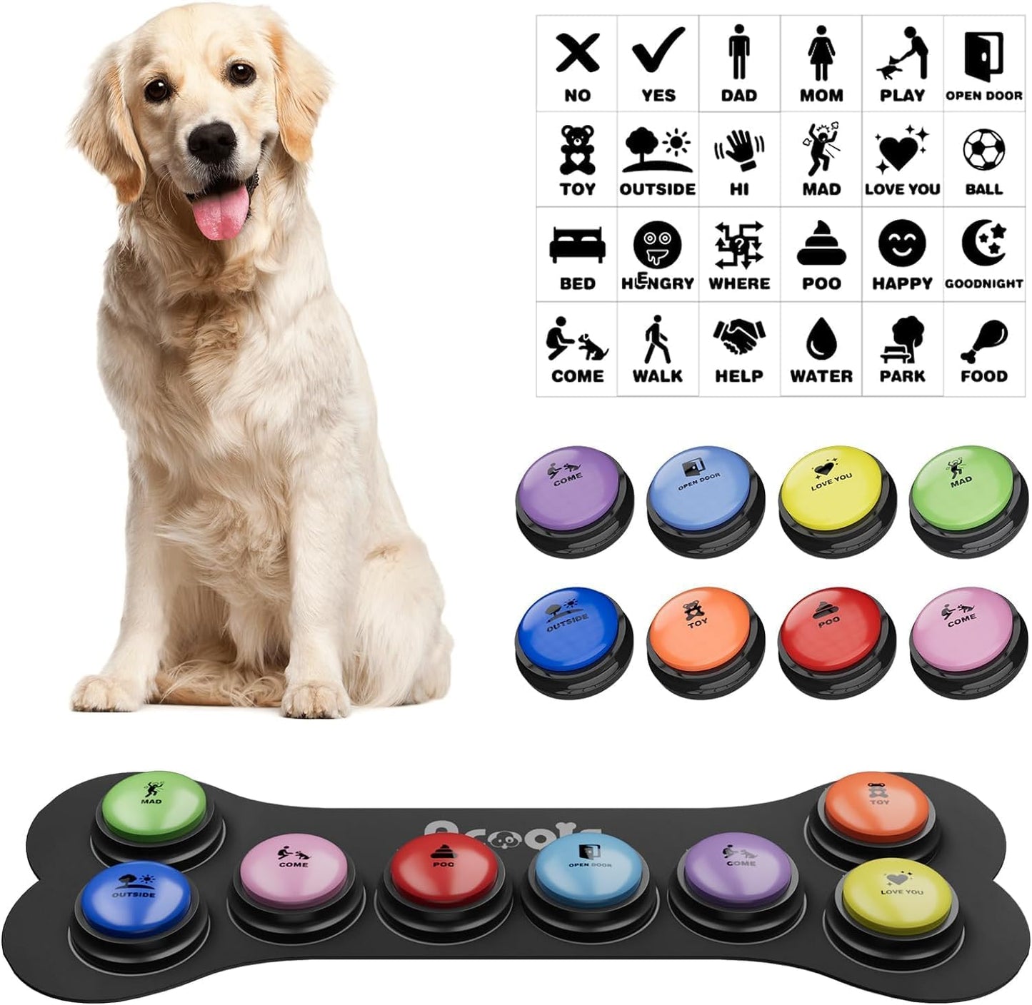 Acools Dog Buttons for Communication, 6 Pcs Dog Talking Button Set, 30s Voice Recordable Pet Training Buzzer, Speaking Buttons for Cats & Dogs with Waterproof Dog Activity Mat and 24 Scene Stickers - Image 9