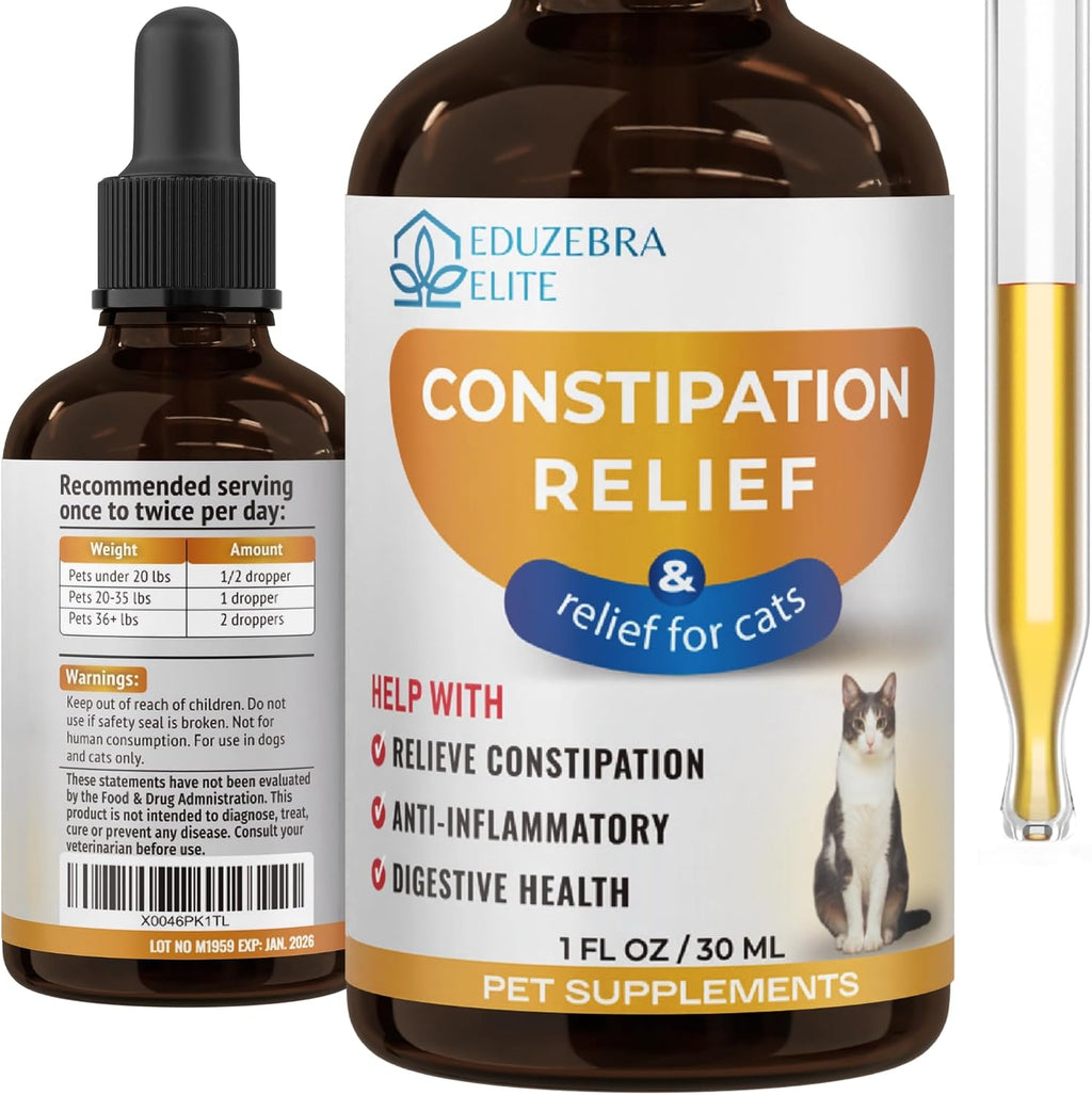 Eduzebra Cat Constipation Relief liquid bottle front view for feline digestive health.