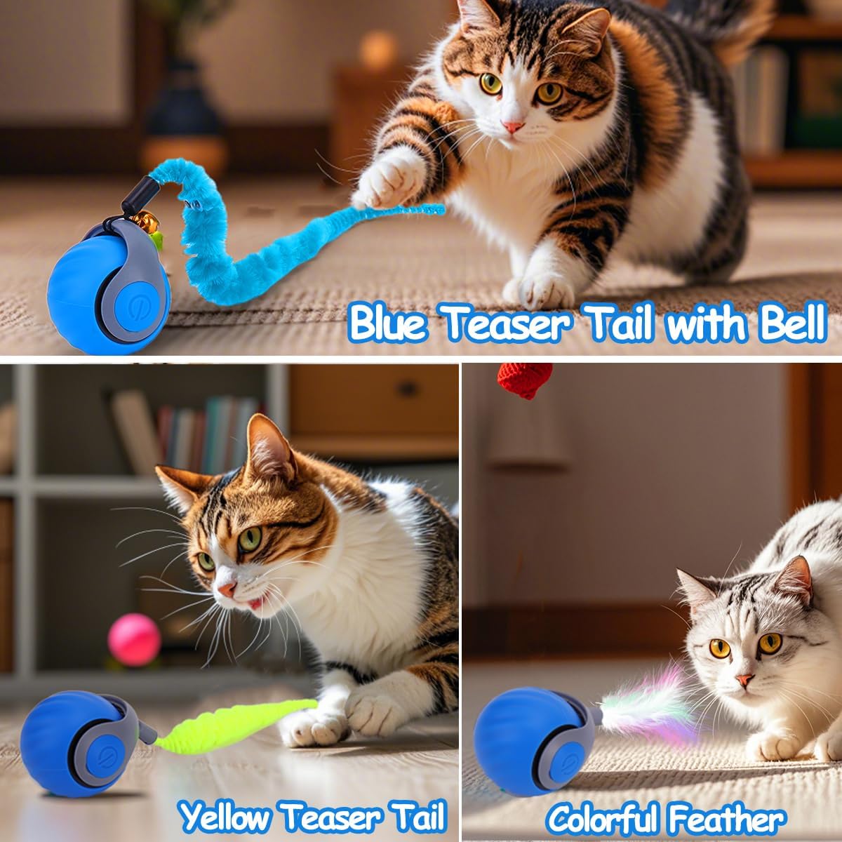 Rechargeable indoor cat enrichment toy ball changing directions automatically using integrated obstacle avoidance sensors near a wall.