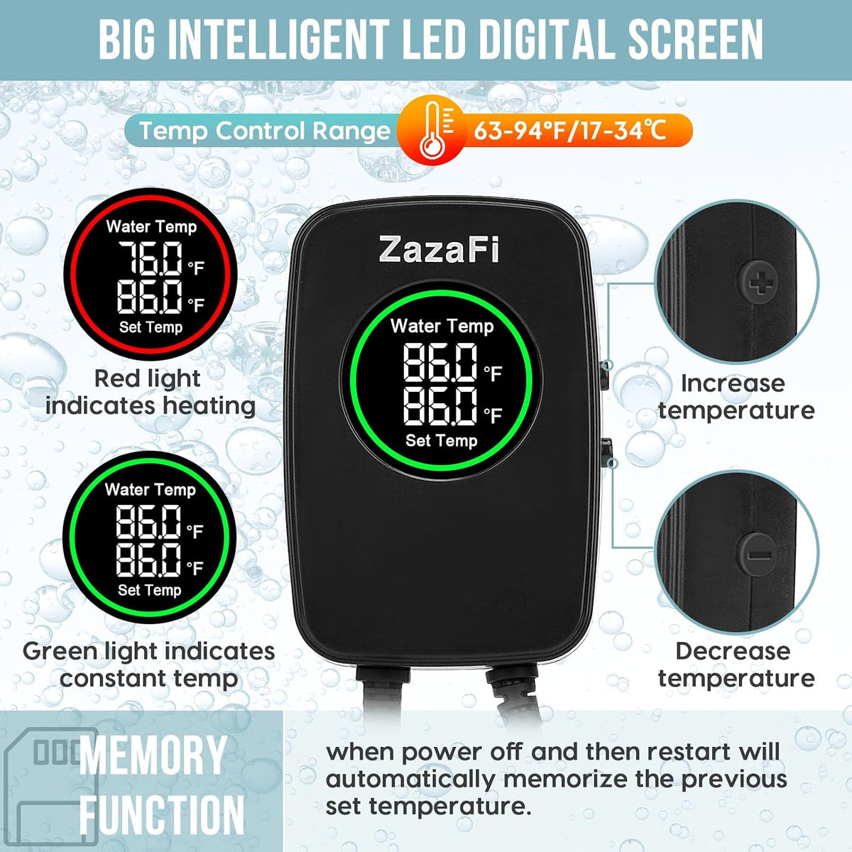 Close up of ZazaFi aquarium heater digital temperature LED display
